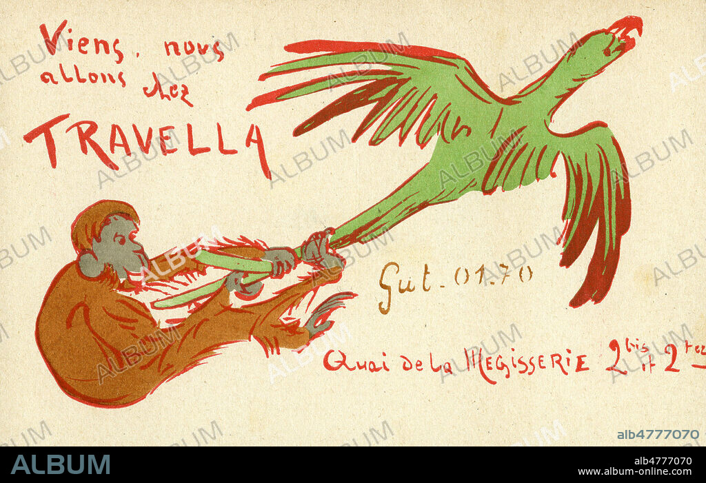 'Viens nous allons chez TRAVELLA, quai de la megisserie (Paris)' : un singe retient un oiseau par la queue. Carte postale publicitaire vers 1910 pour une animalerie. Illustration anonyme. Credit : Collection IM/KHARBINE-TAPABOR.