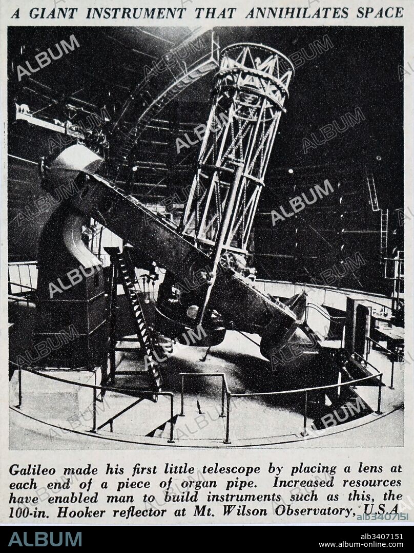 Photograph of the Hooker telescope, a 100-inch reflecting telescope located at the Mount Wilson Observatory, California. Dated 20th Century.