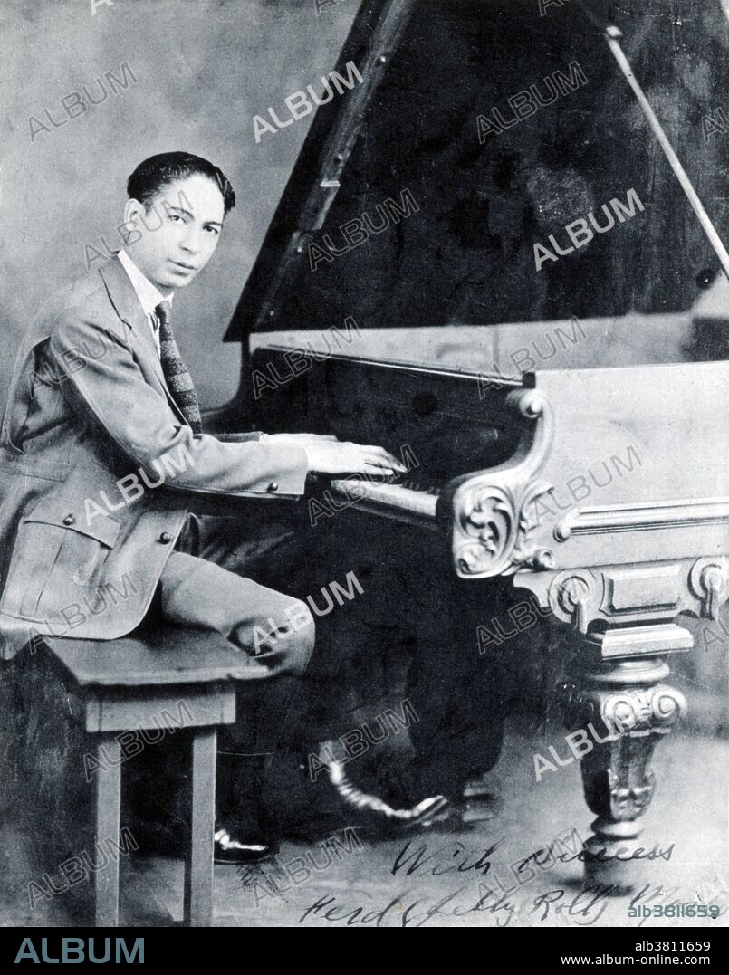 Morton autographed the photo "Ferd (Jelly Roll) Morton", Chicago, 1920s. Ferdinand Joseph LaMothe (October 20, 1890 - July 10, 1941) was an American ragtime and early jazz pianist, bandleader and composer. He took the nickname, Jelly Roll, which was black slang for female genitalia. Around 1904, Morton also started touring in the American South, working with minstrel shows, gambling and composing. In 1915 his "Jelly Roll Blues" was arguably the first jazz composition ever published, recording as sheet music the New Orleans traditions that had been jealously guarded by the musicians. In 1926, he got a contract to record for the largest and most prestigious company in the United States, Victor. These recordings by Jelly Roll Morton & His Red Hot Peppers are regarded as classics of 1920s jazz. His compositions were recorded by the musicians Fletcher Henderson, Benny Goodman and others, but he received no royalties. In 1938 Morton was stabbed by a friend and suffered wounds to the head and chest. After this incident his wife Mabel demanded that they leave Washington. His recovery from his wounds was incomplete, and thereafter he was often ill. Morton died in 1941, at the age of 50.