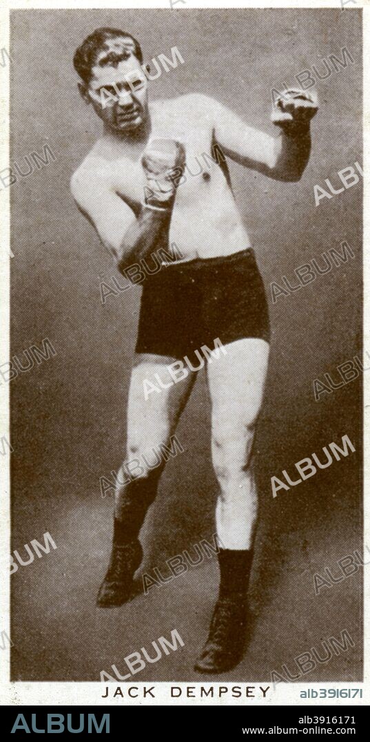 Jack Dempsey, American boxer, 1938. Nicknamed the 'Manassa Mauler', Dempsey (1895-1983) held the world heavyweight title from 1919 to 1926. He fought 83 times as a professional, with 66 wins, 6 losses and 11 draws. A Churchman's Cigarettes picture card.