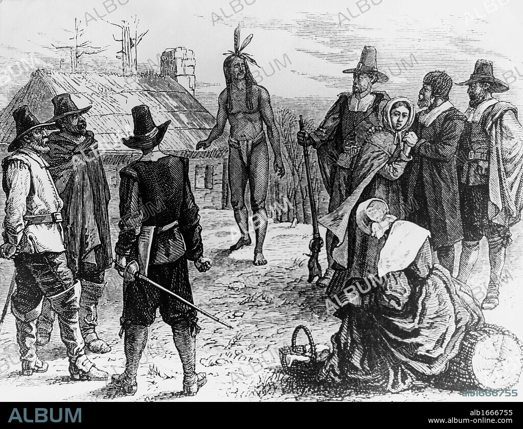 Pilgrims at Plymouth-Visit of Samoset to The Colony, March 1621  Artist Unknown.