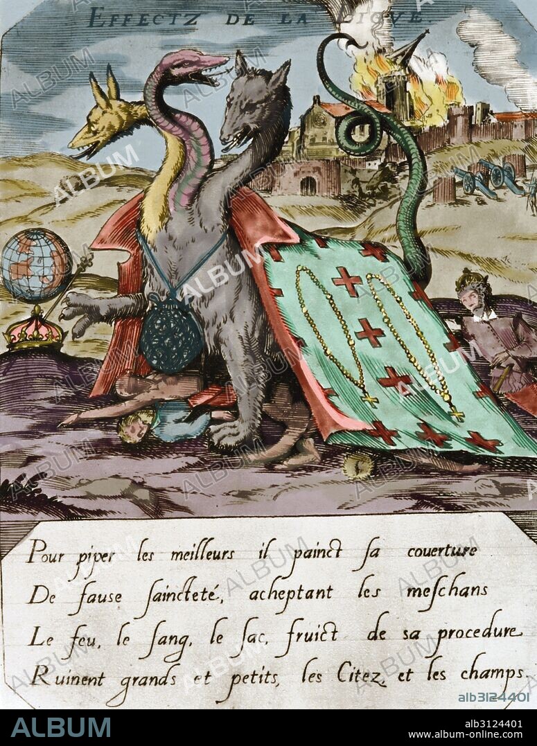 GUERRA DE RELIGIONES. FRANCIA SIGLO XVI. Propaganda de los HUGONOTES contra la LIGA CATOLICA. Hoja volante de 1594. Coloreada.