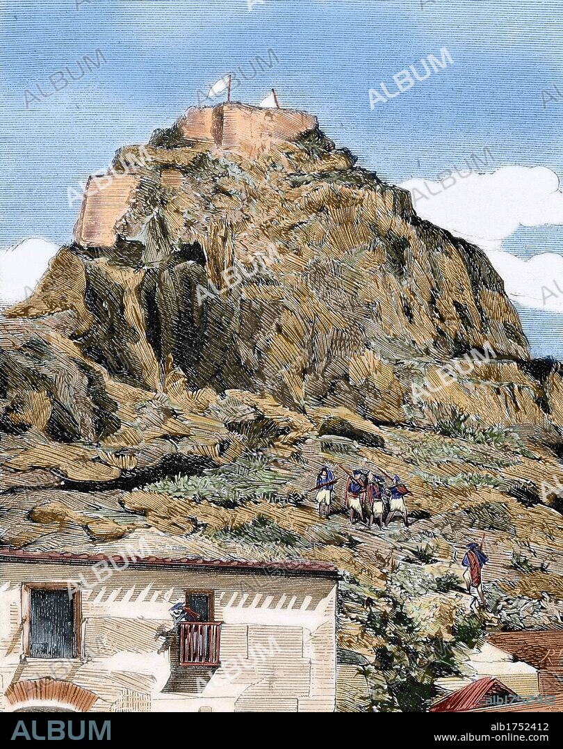 INSURRECCION CANTONALISTA. Durante la I República Española diversas ciudades se sublevaron para establecer el régimen federal, basado en la libre federación de cantones. Vista de MONTEAGUDO (Murcia), centro de la insurrección. Grabado por Rico en "La Ilustración Española y Americana" (1872). Coloreado.