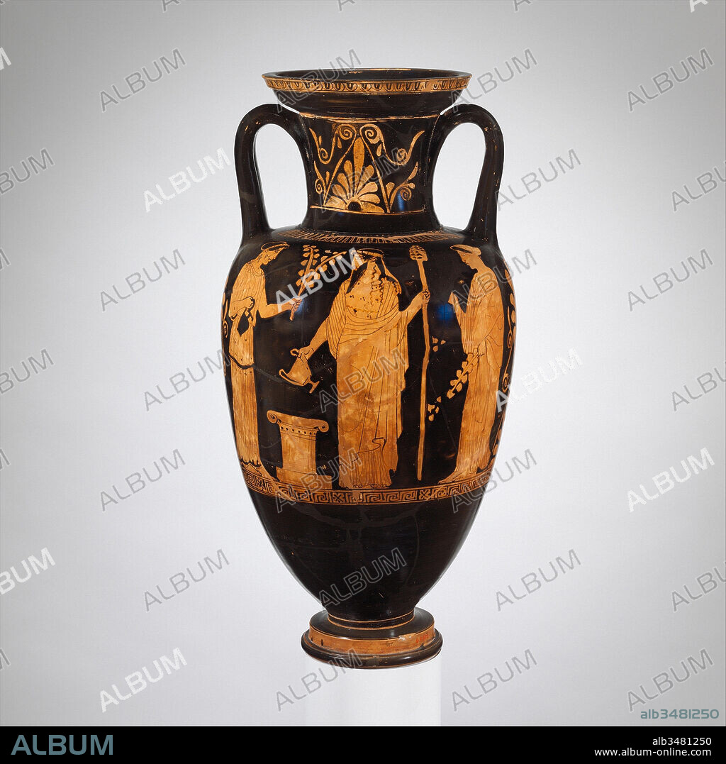 Terracotta neck-amphora (jar), Classical, ca. 460–450 B.C., Greek, Attic, Terracotta; red-figure, H. 18 1/2 in. (47 cm), Vases, Obverse, Dionysos and maenads at altar; Reverse, libation scene: king and women The Niobid Painter takes advantage of the large shape to depict solemn, imposing offering scenes. On the obverse, Dionysos, god of wine, stands at an altar with a kantharos (drinking cup with high handles) as the maenad opposite him holds an oinochoe (jug); interestingly, the vase is glazed black to be more visible.