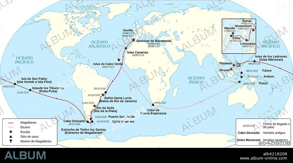 Mapa que muestra la ruta de la expedión de Magallanes-Elcano.