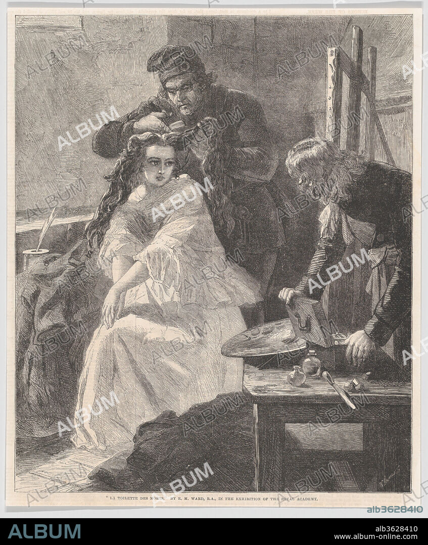 La Toilette des Morts, from "Illustrated London News". Artist: After Edward Matthew Ward (British, London 1816-1879 Windsor). Dimensions: Image: 11 1/8 × 9 3/16 in. (28.3 × 23.4 cm)
Sheet: 11 5/8 × 9 5/8 in. (29.5 × 24.5 cm). Engraver: William Luson Thomas (British, London 1830-1900 Chertsey, Surrey). Subject: Charlotte Corday (French, Saint-Saturnin 1768-1793 Paris). Date: July 25, 1863.
Charlotte Corday, who murdered the Jacobin Jean-Marie Marat, is seen here in emprisoned in the Conciergerie awaiting execution. An artist who has just finished her portrait packs away his paints, and a jailor who wears a Cap of Liberty cuts Carlotte's hair to prepare her for the guillotine. The print is based on a painting shown at the Royal Academy in 1863 titled "Charlotte Corday-Her last toilette before her execution." The image offers a grim variation on a woman's normal dressing ritual, with the jailor replacing a hairdresser, and the canvas taking the place of a mirror.