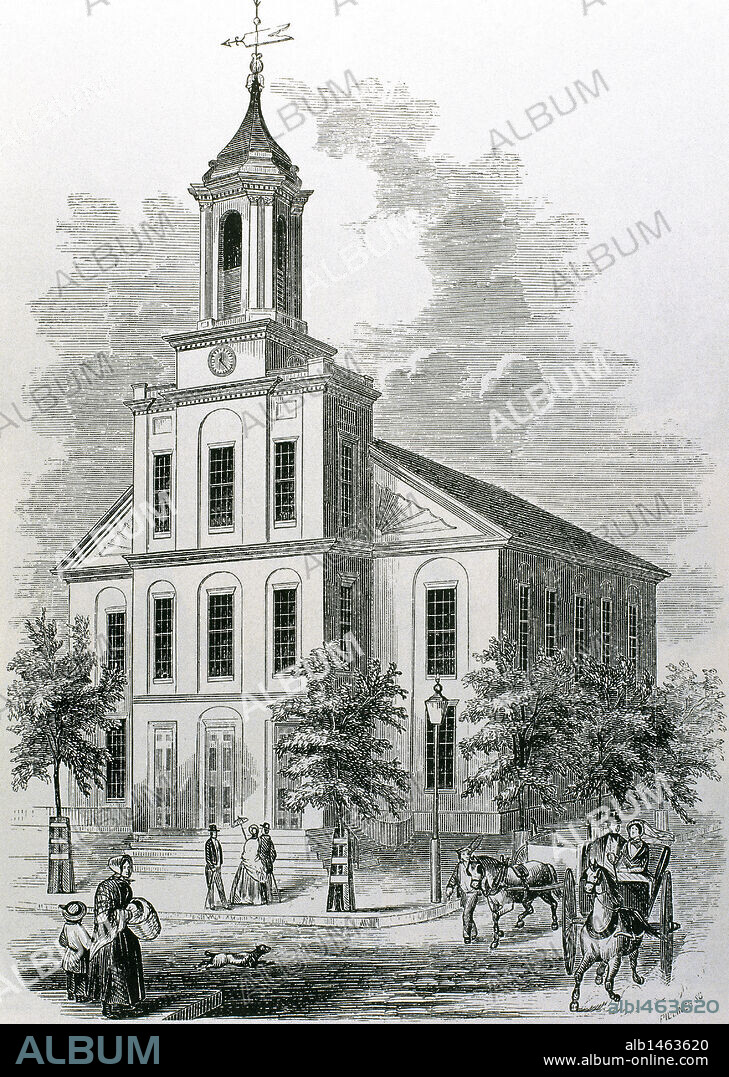 IGLESIA DE SAN CHARLES. BOSTON. Estado de Massachusetts. Estados Unidos. Grabado del s. XIX.