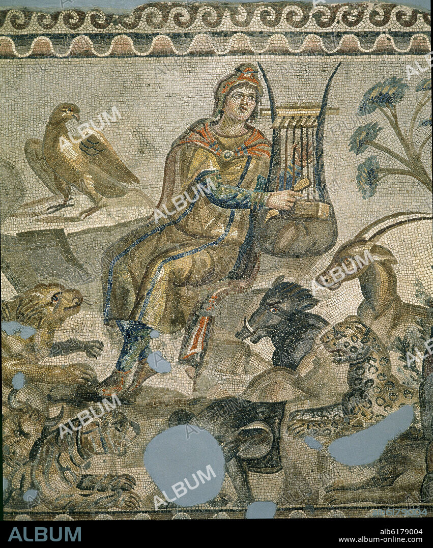 ORFEO TOCANDO LA LIRA PARA LOS ANIMALES- MOSAICO FECHADO EL SIGLO III DC - MITOLOGIA GRIEGA.