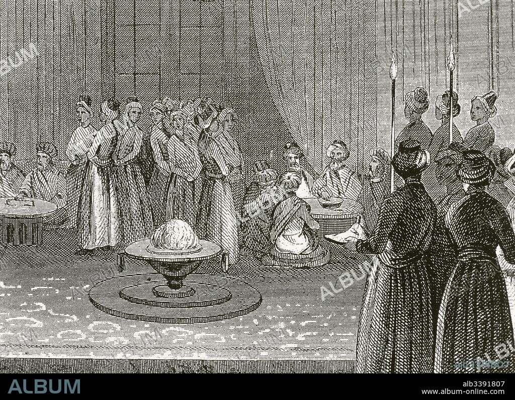 Imperio Otomano. Banquete celebrado en la corte del Palacio de Topkapi. En sus famosas cocinas se elaboraba una refinada comida cortesana. Grabado del siglo XIX.