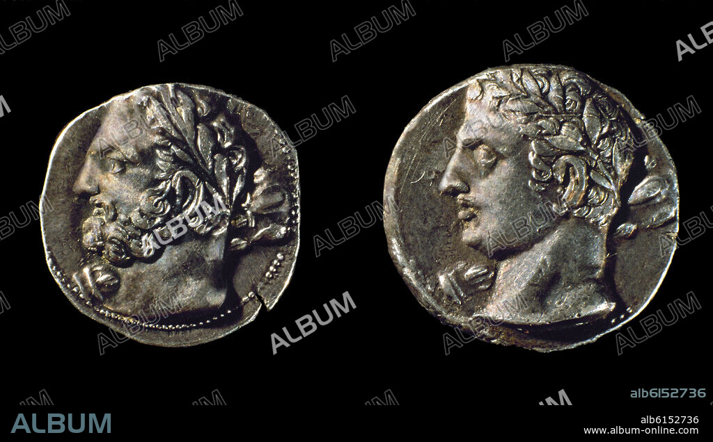 MONEDAS DE PLATA DE LOS BARCIDAS - SIGLO III AC- ANVERSO CON ANIBAL Y AMILCAR BARCA.