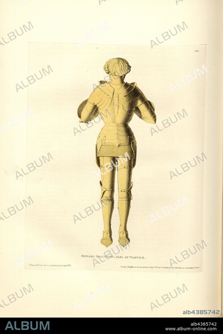 Richard Beauchamp, Earl of Warwick, Figure of the tomb of Richard Beauchamp, 13th Earl of Warwick at St Mary's Church, Warwick, signed: Drawn & Etched by C.A. Stothard Jun, Published by C.A. Stothard Jun, Fig. 136, 124, after p. 92, Stothard, Charles Alfred Jun. (drawn, etched and publ.), Charles Alfred Stothard, Alfred John Kempe: The monumental effigies of Great Britain: selected from our cathedrals and churches, for the purpose of bringing together, and preserving correct representations of the best historical illustrations extant, from the Norman conquest to the reign of Henry the Eighth: dedicated by permission to the Prince Regent. London: printed by J. M'Creery [...], 1817-1832.