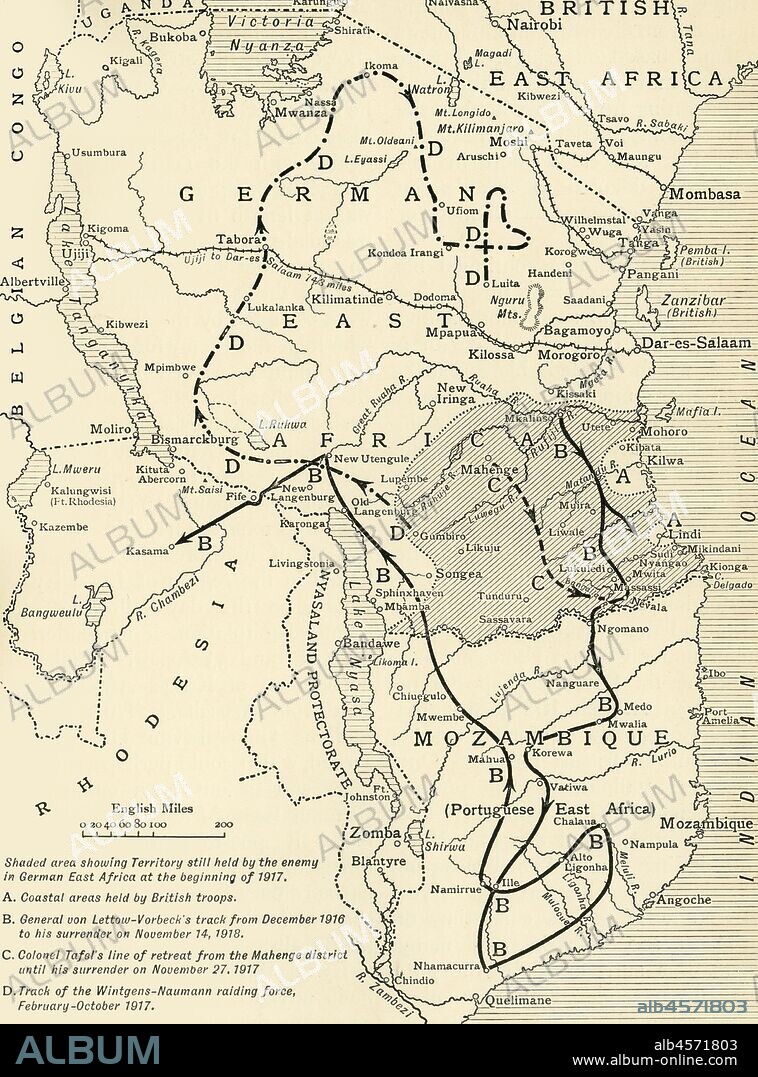 'Map illustrating the Closing Phases of the East African Campaign, 1917-18', (c1920). European powers in Africa during the First World War: 'Shaded area showing Territory still held by the enemy in German East Africa at the beginning of 1917; Coastal areas held by British troops; General von Lettow-Vorbeck's track from December 1916 to his surrender on November 14, 1918; Colonel Tafel's line of retreat from the Mohenge district until his surrender on November 27, 1918; Track of the Wintgens-Naumann raiding force, February-October 1917'. From "The Great World War: A History", Volume IX, edited by Frank A Mumby. [The Gresham Publishing Company Ltd, London, c1920].