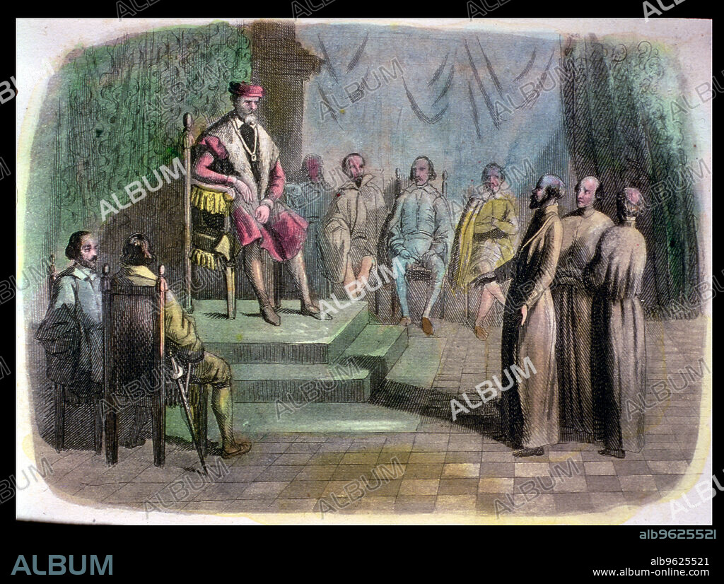 State Council in Spain. (1518), King Charles V attends a session where Fray Juan de Quevedo Fray and Bartolome de las Casas defend the cause of the American Indians.
