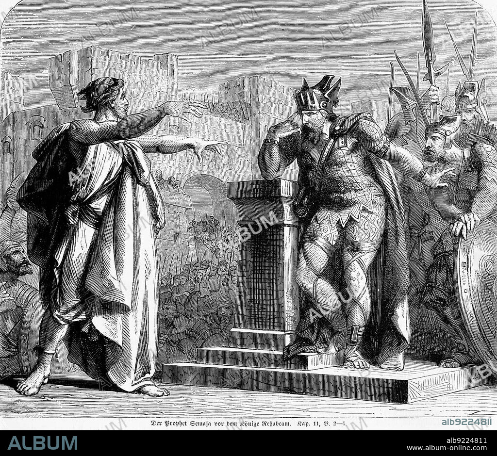 The Prophet Shemaiah in front of King Rehoboam, God, Solomon, Son, King Judah, Brothers, Crowd, City, City Gate, King, Warriors, Weapons, Spears, Army, Bible, Old Testament, Second Book of Chronicles, Chapter 11, Verse 2-4, historical illustration c. 1850.