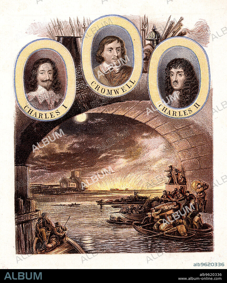 KRONHEIM & CO. Great Fire of London, 1666 (c1865). Boats full of citizens who have escaped cross the Thames while others look back to Old St Pauls and the blazing city from the safety of the South Bank. Above the main illustration are portraits of Charles I (1600-1649) Oliver Cromwell, Lord Protector (1699-1658) and Charles II (1630-1685). The fire, the worst in London's history, began in a bakery in Pudding Lane and lasted for 4 days. Fanned by a strong east wind, the conflagration destroyed some 13,000 houses, 87 churches and the old St Paul's Cathedral.