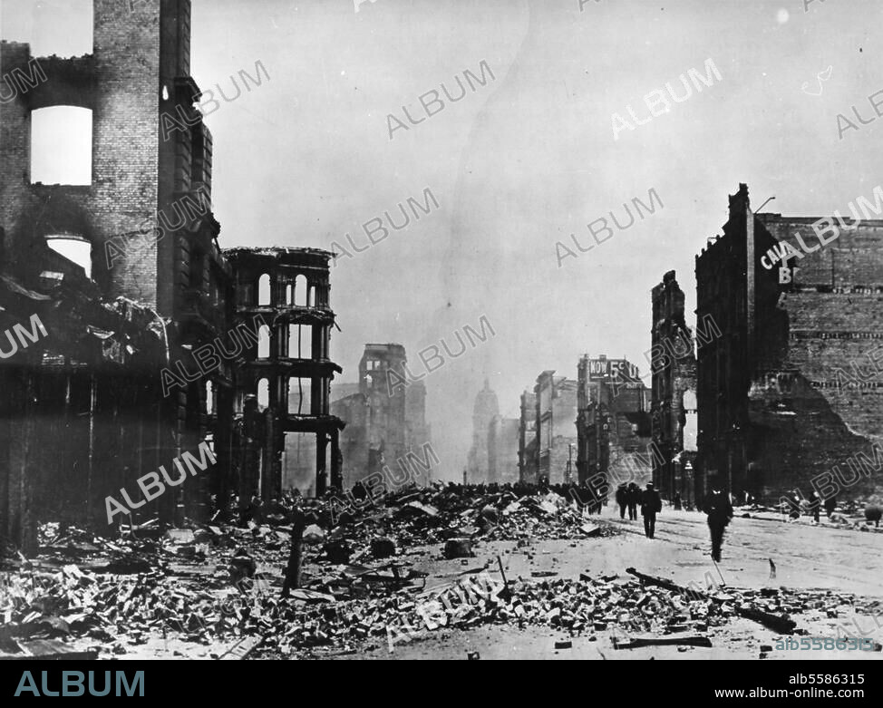 San Francisco (USA), Erdbeben am 18. April 1906. Zerstörter Straßenzug. Foto.