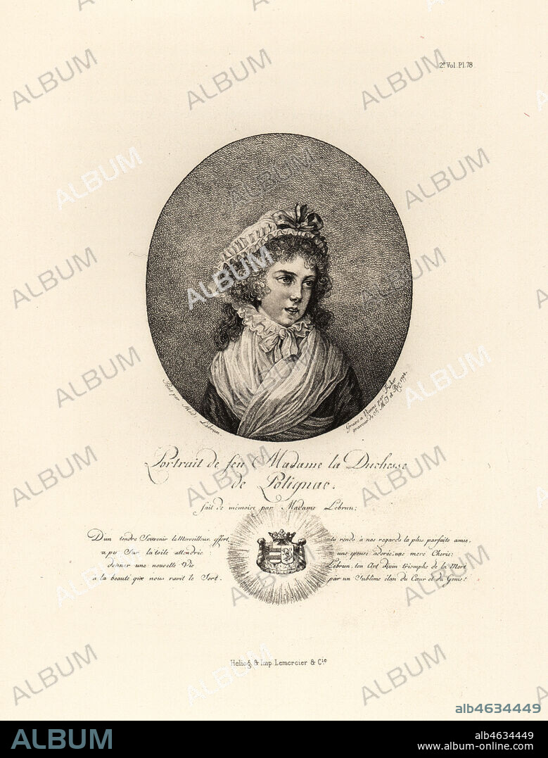 Portrait of Yolande Martine Gabrielle de Polastron, Duchess of Polignac, a favourite of Marie Antoinette. Lithograph after a painting by le Brun from Fashions and Customs of Marie Antoinette and her Times, by Le Comte de Reiset, Paris, 1885. The journal of Madame Eloffe, dressmaker and linen-merchant to the Queen and ladies of the court.