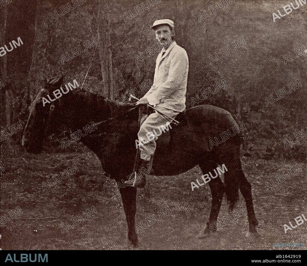 Robert Louis Balfour Stevenson (1850-1894) Scottish author, born in Edinburgh. Stevenson in Samoa on his horse 'Jack'. From "Vailima Letters" (London, 1895), correspondence from Stevenson to Sidney Colvin 1890-1894. Photograph. (Photo by: Universal History Archive/UIG via Getty Images).