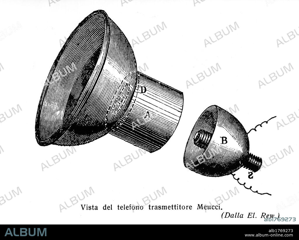 Transmitter of Antonio Meucci. Detailed Cross section of a transmitter telettrofono (prototype of the phone) invented by Antonio Meucci.