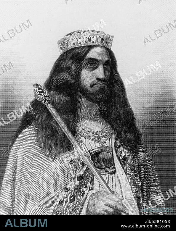 Childerich (Childéric) III., letzter Frankenkönig aus dem Haus der Merowinger. (743/51); gest. Sithiu (Flandern) 755. Porträt. Stahlstich, 1845, von Jacques Étienne Pannier (1802-1869) nach Gemälde, um. 1837, von Émile Signol (1804-1892). Aus: Ch. Gavard, Galeries Historiques de Versailles.