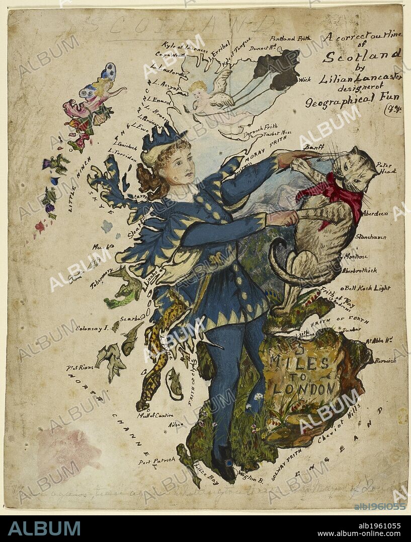 A Correct Outline of Scotland. Represented as Dick Whittington and his cat. . A correct outline of Scotland. England. Map of Scotland as Dick Whittington and his cat. Produced after the publication of "Geographical fun" in 1869. Drawn by Lilian Lancaster, who produced later works under her married name, Tennant. Ink and paint on card. Source: Maps cc.5.a.223. Language: English.