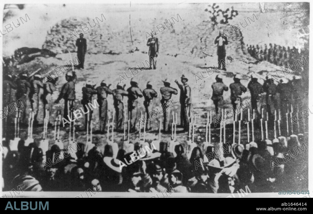 Execution of Emperor Maximilian I of Mexico with his generals Miguel Miramon and Tomas Mejia by firing squad, 19 June 1867. Maximilian (1832-1967) was born Archduke Ferdinand Maximilian Joseph of Austria and was proclaimed Emperor of Mexico on 10 April 1864 with the backing of Napoleon III of France. Few foreign government recognised his regime, which was also the case with Mexican liberals. The ensuing conflict ended with the Emperor's execution. Photograph.