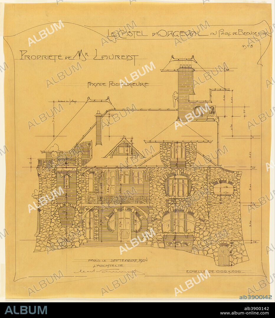 HECTOR GUIMARD. Rear Facade, Castel d'Orgeval, Parc Beauséjour, near Paris: Elevation. Date/Period: 1904. Drawing. Pen and black and red inks, graphite, border in pen and black ink on tracing paper.