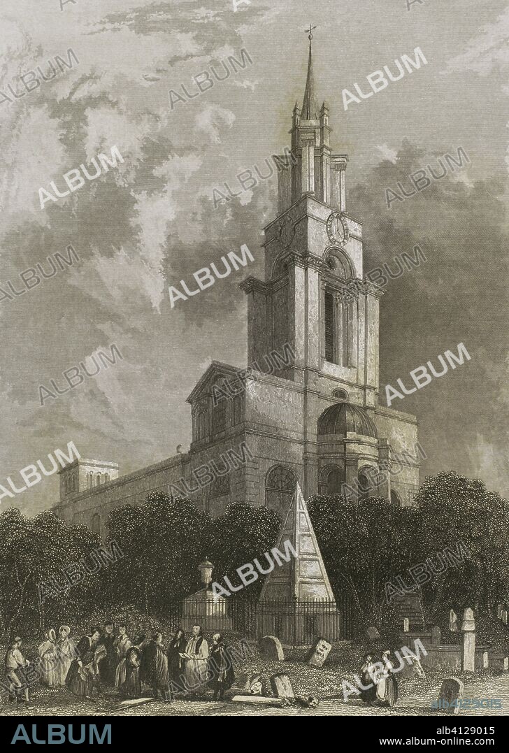 Reino Unido. Inglaterra. Londres. Iglesia anglicana de St. Anne's Limehouse, en el distrito londinense de Tower Hamlets. Consagrada en 1730. Grabado por John Woods (fl.1835-1855). Dibujo por Hablot Knight Browne (1815-1882) a partir de un croquis de Robert Garland (1808-1863). "London and its Environs", h. 1840 (Londres y sus Alrededores). Biblioteca Histórico Militar de Barcelona, Cataluña, España.