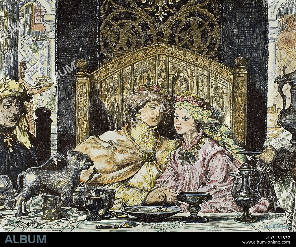 BANQUETE NUPCIAL DE UN JOVEN MATRIMONIO NOBLE. Grabado coloreado del libro "Germania", editado en 1882.