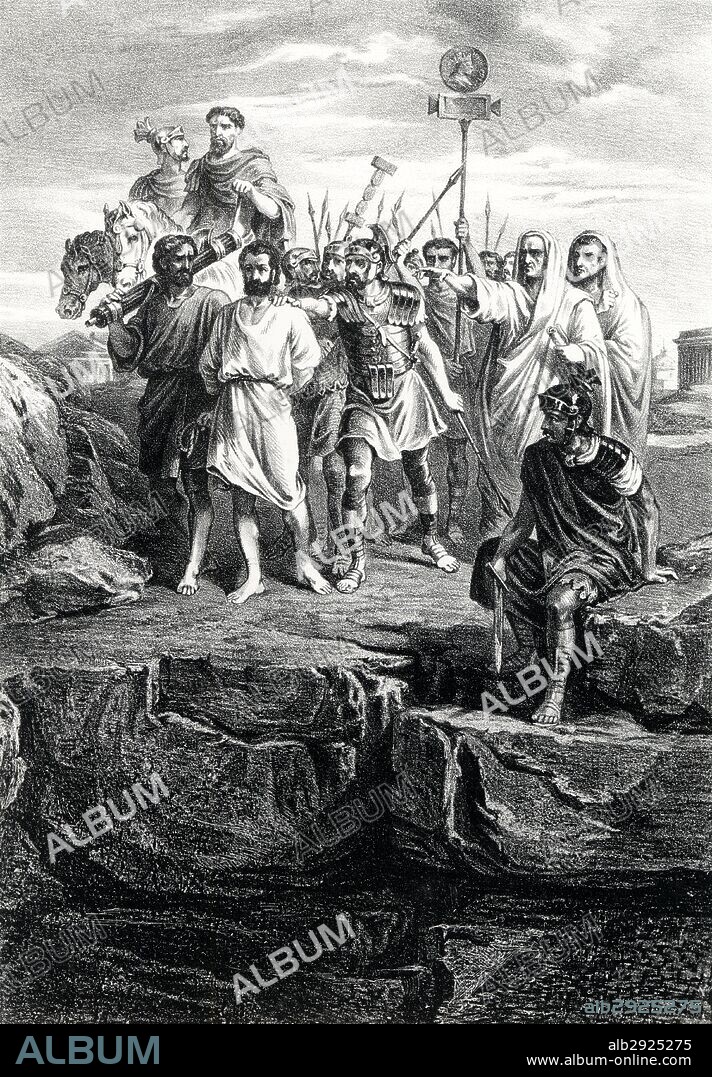 Historia. El noble Sexto Mario, acusado de incesto, precipìtado por la roca Tarpeya el año 26. Grabado de 1871.