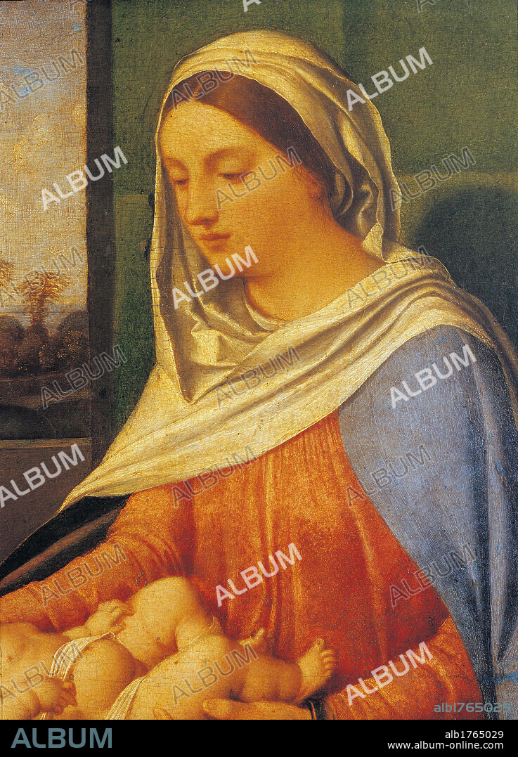 Sacred Conversation, by probably Sebastiano Luciani known as Sebastiano del Piombo, 1505 about, 16th Century, oil on panel, cm 51 x 81. Italy, Veneto, Venice, Accademia Art Galleries. Detail. Virgin Madonna face veil red white blue. Authorization required for non editorial use.