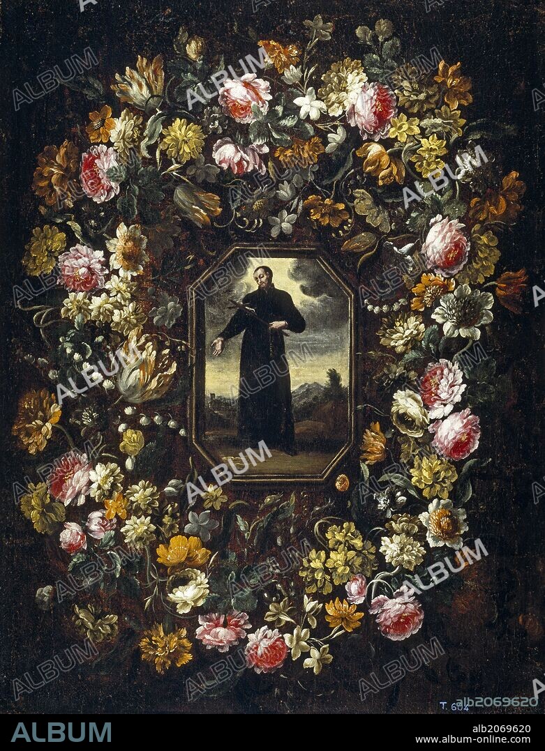 BARTOLOMÉ PÉREZ. Bartolomé Pérez / 'Garland with Saint Francis Xavier', Second half 17th century, Spanish School, Oil on canvas, 95 cm x 73 cm, P01056.