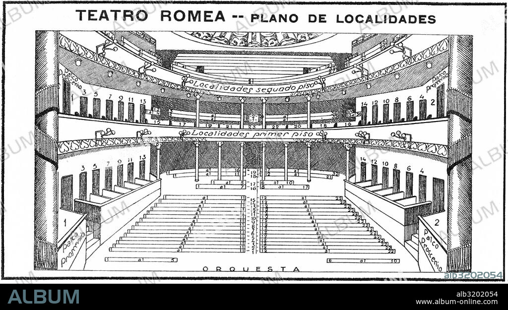 Barcelona. Plano de las localidades del Teatro Romea, inaugurado en 1863. Dibujo de 1930.