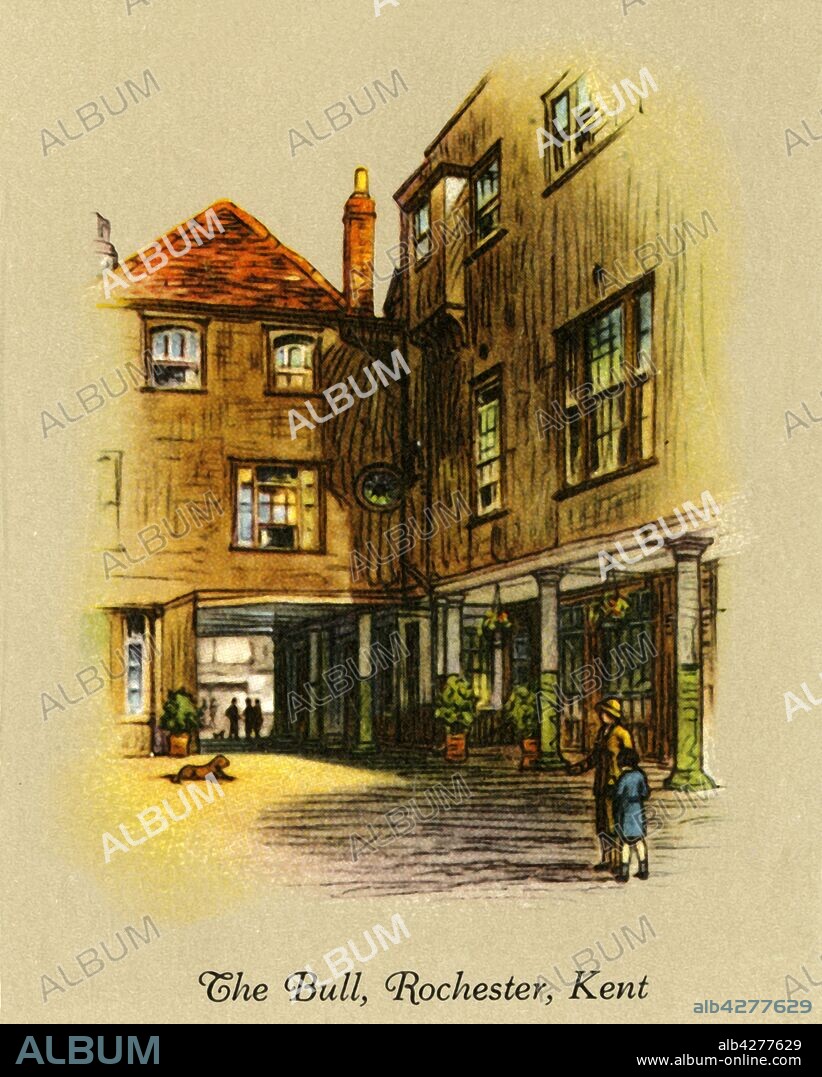 'The Bull, Rochester, Kent', 1936. The Royal Victoria and Bull Hotel, 16th century coaching Inn on the Dover-London road,  Queen Victoria stayed here in 1836 and 1855. From "Old Inns - A Series of 40", 1936. [W. D. & H. O. Wills, 1936].