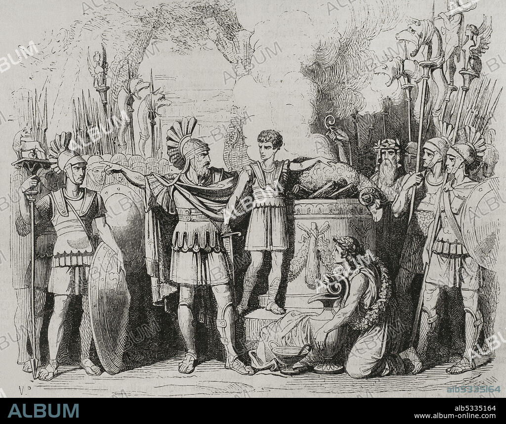 JOSÉ SEVERINI (1838-1882). SPANISH XYLOGRAPH.. Hannibal Barca (247-183 BC). Carthaginian general and statesman. Hannibal in the Temple of Carthage with his father Hamilcar Barca, at the age of nine, taking an oath of eternal hatred of Rome by dipping his hands in the blood of the sacrificed animal. Engraving by Severini. Historia General de España by Father Mariana. Madrid, 1852.