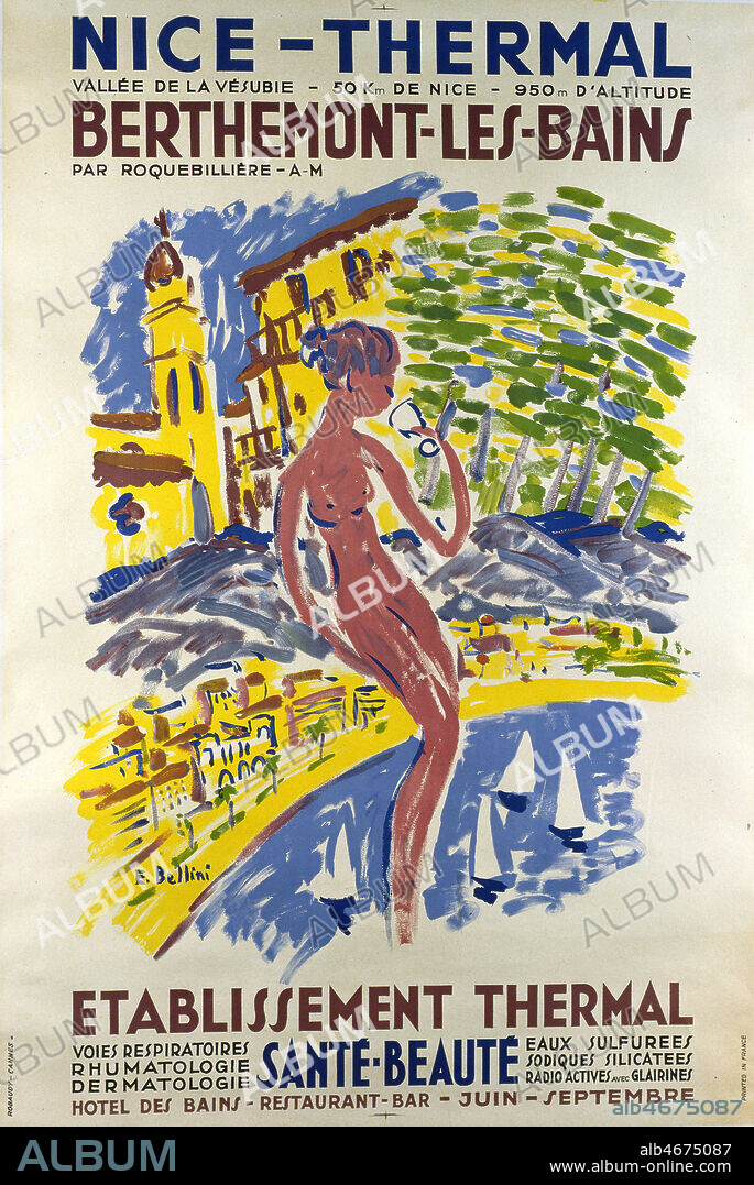 Affiche de tourisme pour la station thermale BERTHEMONT les Bains pres de Nice. Illustration de Emmanuel BELLINI (1904-1989) realisee en 1965. Credit : Coll. Perrin/KHARBINE-TAPABOR.