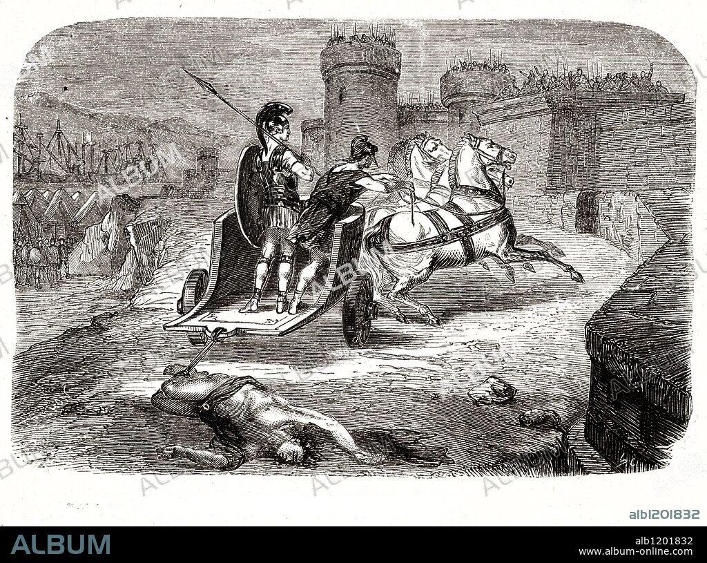 Aquiles, héroe tesalio legendario, hijo de Tetis y de Peleo. Para hacerlo invulnerable su madre lo bañó en el Estigio, sujetándolo por el talón. Mató a Héctor, héroe troyano, ante los muros de Troya, y él cayó por una flecha que le hirió su talón. Grabado de 1866.