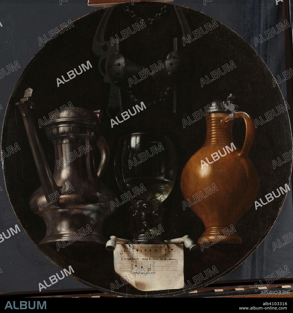 JOHANNES TORRENTIUS. Emblematic Still Life with Flagon, Glass, Jug and Bridle. Dating: 1614. Measurements: support: h 52 cm × w 50.5 cm.