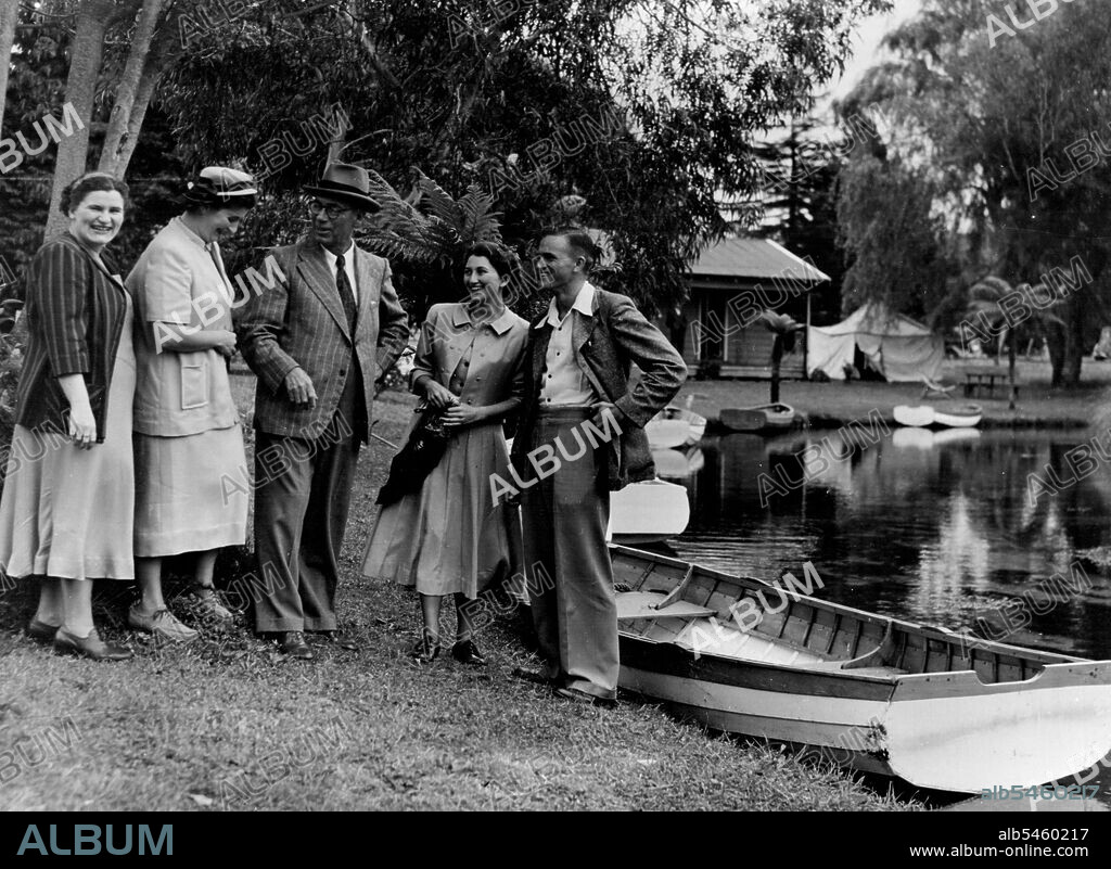 Premier of Queensland on Holiday At Rotarua: Mr. E. M Hanlon and his family at Hamarana Springs. From left are Misses Hannah and Mary Hanlon, Mr. Hanlon, Miss Julie Hanlon and Mr. Pat Hanlon. January 11, 1949. (Photo by The N.Z. Herald).