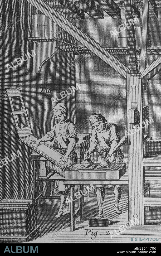Encyclopedie. Edited by Denis Diderot and Jean Le Rond D'Alembert. Published, 1770. Plate 377. Printing. Presses.