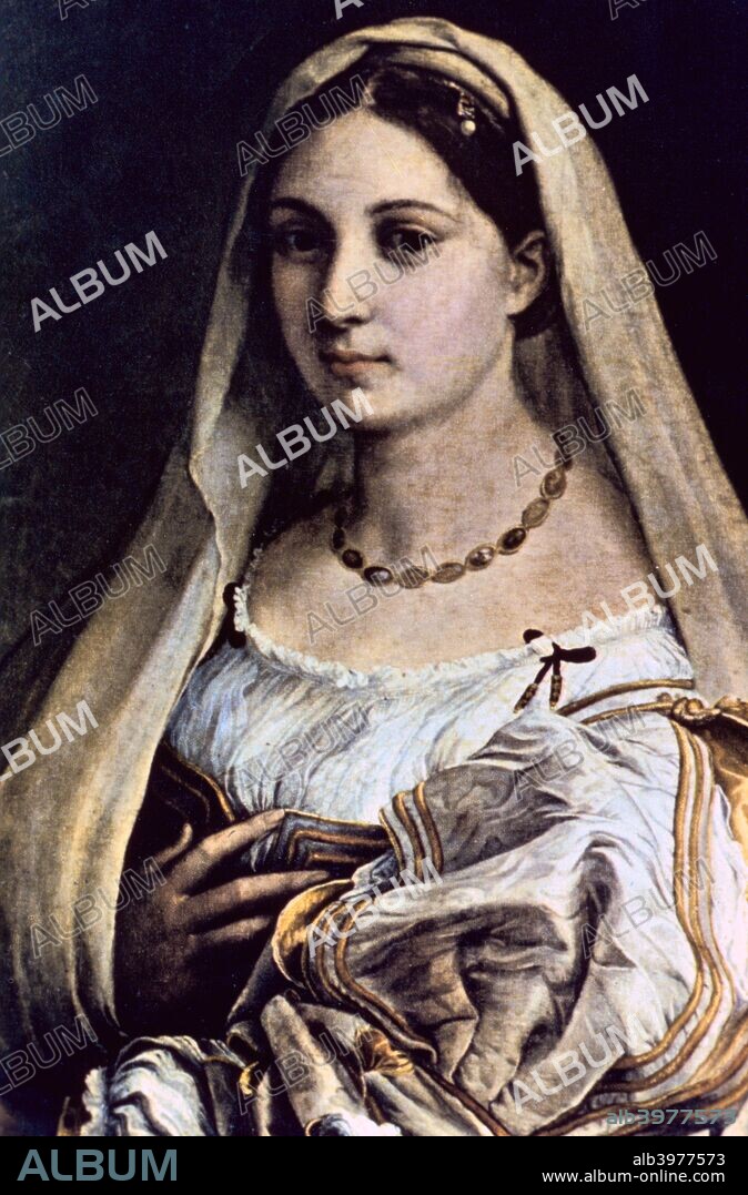 'Woman with a Veil (La Donna Velata)', 1512/13. Tradition identifies the subject with la Fornarina, the woman whom the painter loved in his last years and whose face reappeared in both his paintings (e.g. in the Sistine Madonna) .