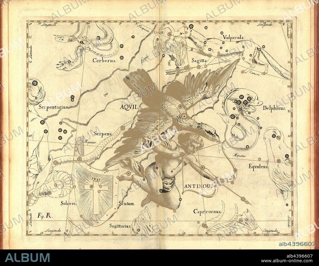 Aquila, Map of the constellation Adler, Fig. 21, Fig. R, to p. 21, Johannes Hevelius, Johann Ernst von Schmieden: Johannis Hevelii prodromus astronomiae, exhibens fundamenta, quae tam ad novum planè & correctiorem stellarum fixarum catalogum construendeum, quàm ad onmium planetarum tabulas corrigendas omnimodè spectant; nec non novas & correctiores tabulas solares, aliasque plurimas ad astronomiam pertinentes [...]. Gedani: typis Johannis-Zachariae Stollii, 1690.