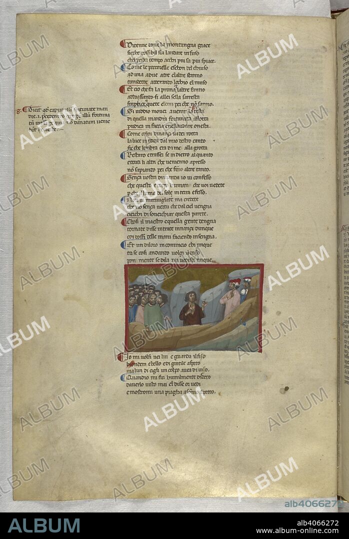 Purgatorio: Dante speaking to King Manfred, who shows him his wounds. Dante Alighieri, Divina Commedia ( The Divine Comedy ), with a commentary in Latin. 1st half of the 14th century. Source: Egerton 943, f.67v. Language: Italian, Latin.