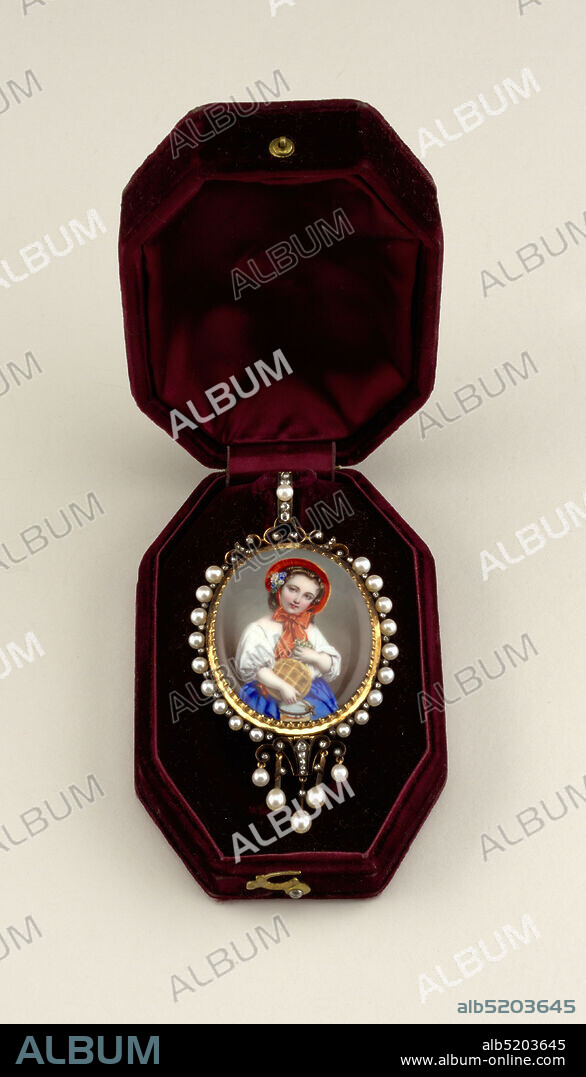 Pendant, Enamel, gold, 24 pearls and 46 diamonds., Enamel-painting of a young girl in a bonnet in a white blouse and blue shirt, holding flowers in her left hand and a jar and cake in her right. Mounted in a gold frame with five pendants and ring, all ornamented with pearls and rose diamonds., Rome, Italy, ca. 1850, jewelry, Decorative Arts, Pendant.