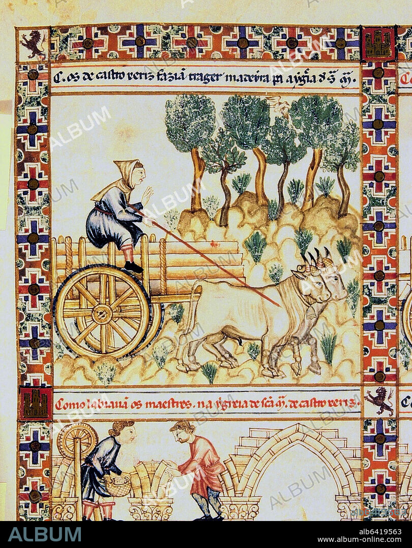ALFONSO X DE CASTILLA EL SABIO. MS.B.R.20-CANTIGA DE SANTA MARIA - Nº266 - F84-A -OBRERO LLEVANDO VIGAS A LA OBRA DE SANTA MARIA DE CASTROJERIZ.