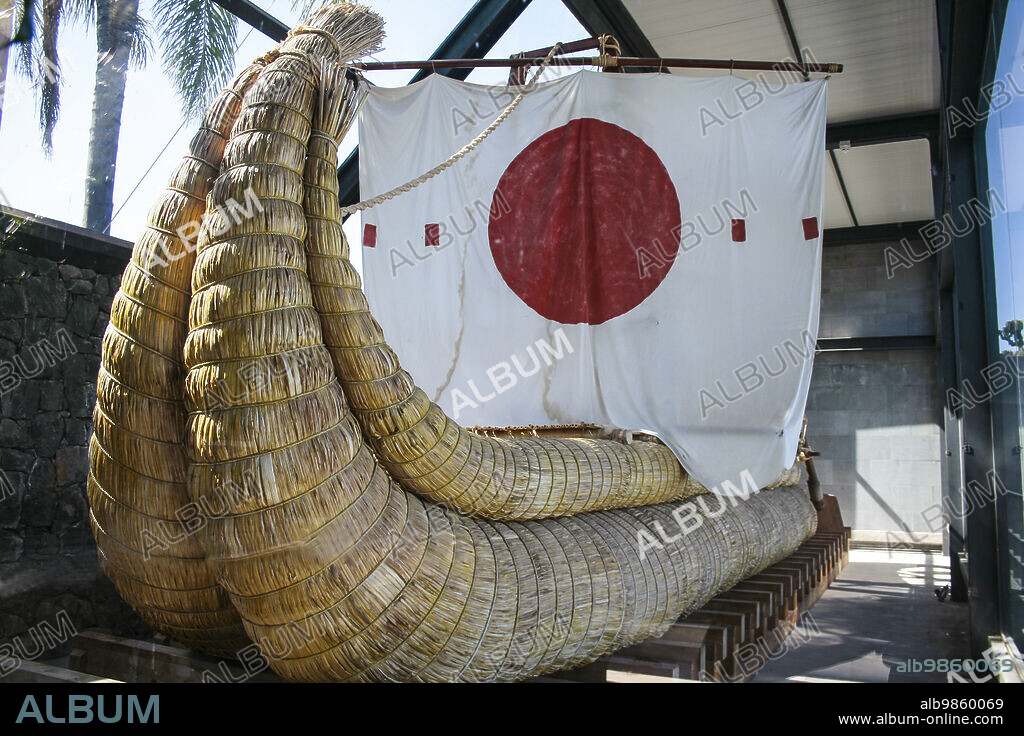 Güímar, Tenerife, Comunidad Autonoma des Canarias, Spain. Güímar Pyramids Museum. Replica of the Raa II, reed boat with which Thor Heyerdahl crossed the Atlantic Ocean in 1970.