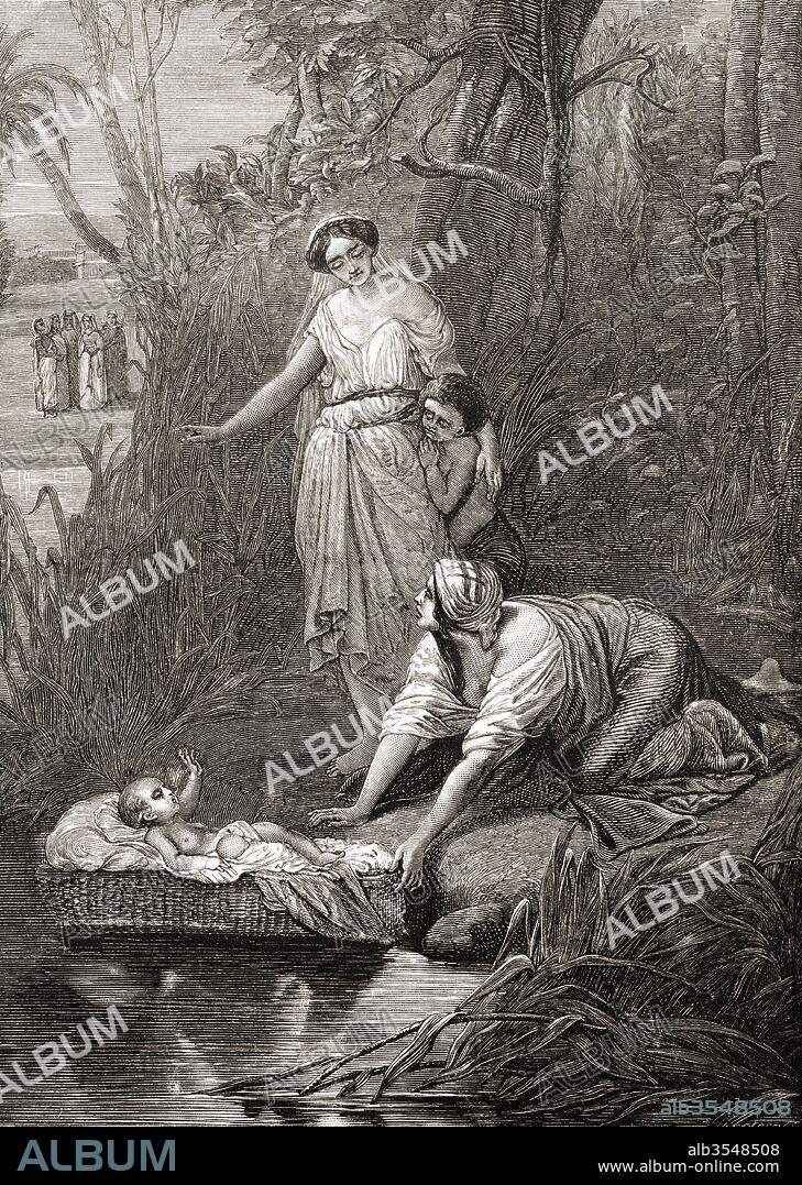 Baby Moses found in the bullrushes by Pharaoh's daughter. The Book of Exodus, Old Testament. After the painting by Joseph Beaume. From The Children's Bible, published c. 1883.
