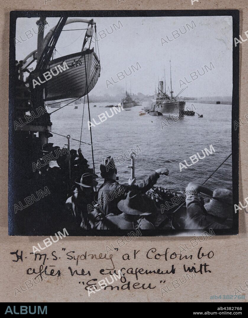 Photograph - 'H.M.S. Sydney', Colombo, Captain Edward Albert McKenna, World War I, 1914-1915, One of 139 photographs in an album from World War I likely to have been taken by Captain Edward Albert McKenna. The photographs include the 7th Battalion training in Mena Camp, Egypt, and sight-seeing. Image depicting the H.M.S. Sydney upon her return in November-December 1914 to the troop convoy at Colombo after her encounter with the S.M.S. Emden.