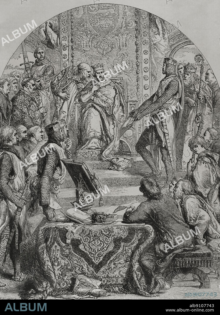 JOHN GILBERT (1817-1897). ENGLISH ARTIST. S. WILLIAMS.. Simón de Montfort, VI conde de Leicester (h. 1208-1265). Noble franco-inglés. Principal líder de la oposición baronal al gobierno del rey Enrique III de Inglaterra. Simón de Montfort ante el rey Enrique III de Inglaterra". Grabado por J. Gilbert y S. Williams. "Los Héroes y las Grandezas de la Tierra". Tomo VI. 1856.
