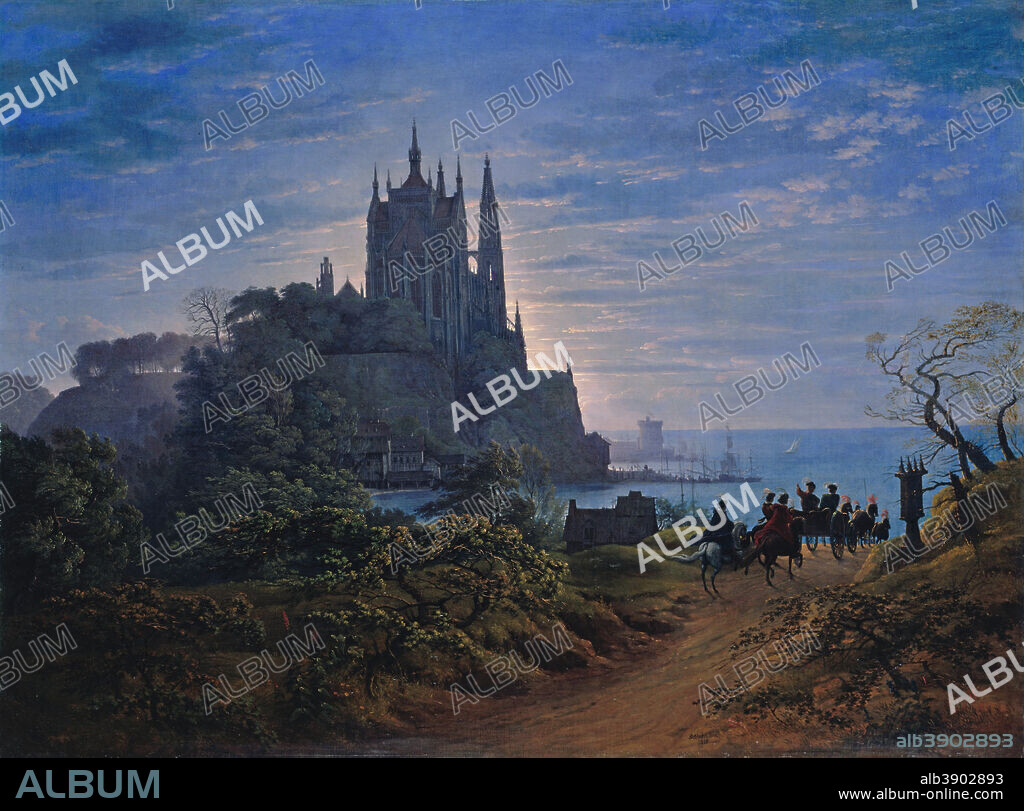 KARL FRIEDRICH SCHINKEL. Gotische Kirche auf einem Felsen am Meer / Gothic Church on a Rock by the Sea. Date/Period: 1815. Painting. Oil on canvas. Height: 72 cm (28.3 in); Width: 98 cm (38.5 in).
